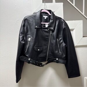Topshop Black Oversized Relaxed Faux Leather Cropped Belted Biker Moto Jacket 12